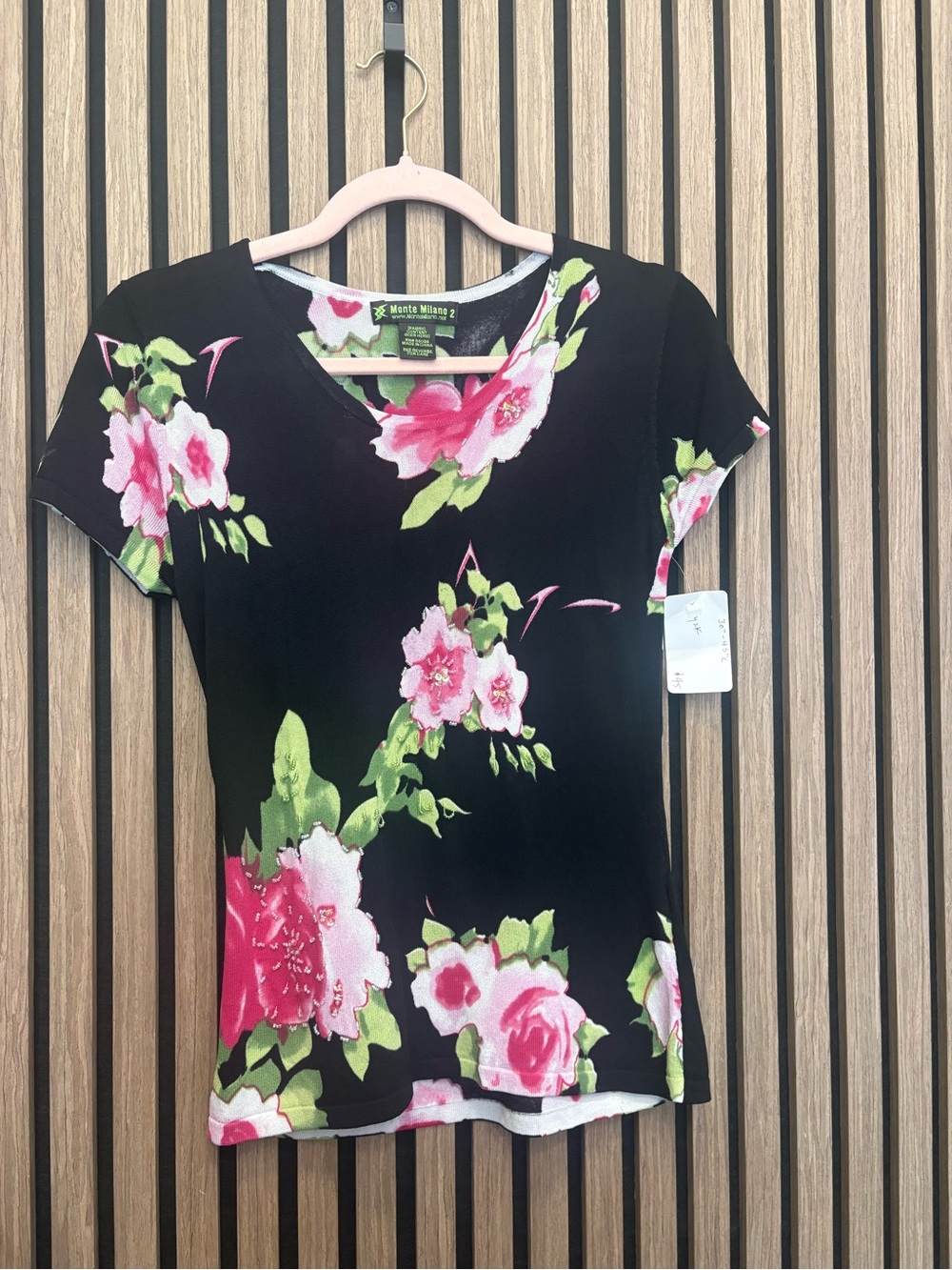 Monte Milano Black Floral V-Neck Short Sleeve Top - Pink & Green Floral